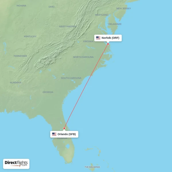 Orlando - Norfolk direct flight map