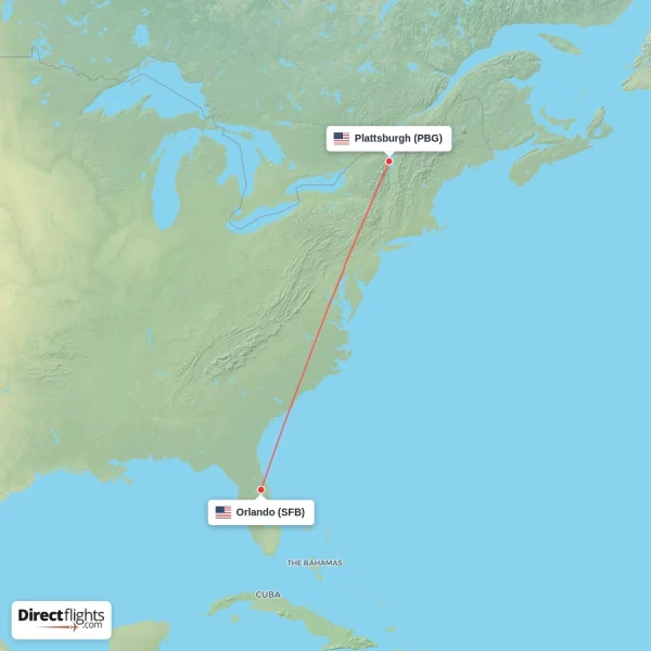 Orlando - Plattsburgh direct flight map