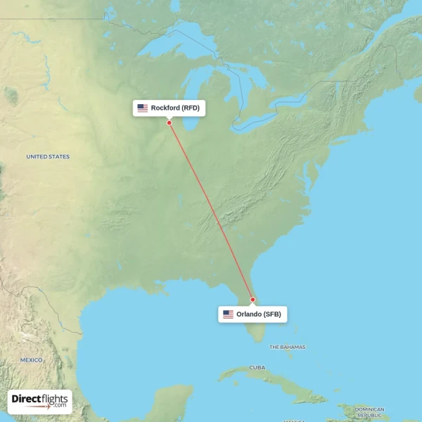 Orlando - Rockford direct flight map