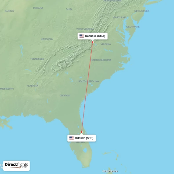 Orlando - Roanoke direct flight map