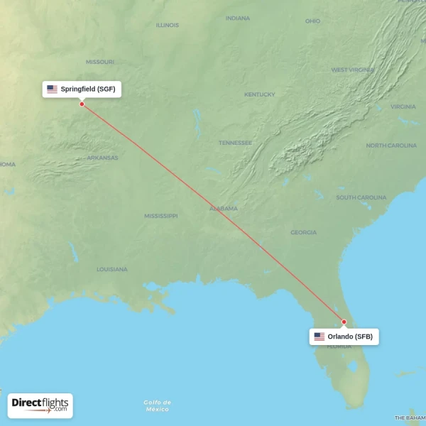 Orlando - Springfield direct flight map