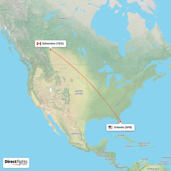 Orlando - Edmonton direct flight map