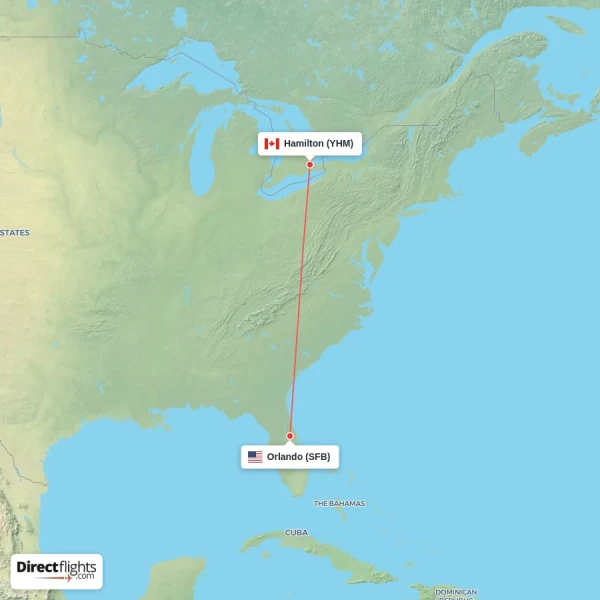 Orlando - Hamilton direct flight map