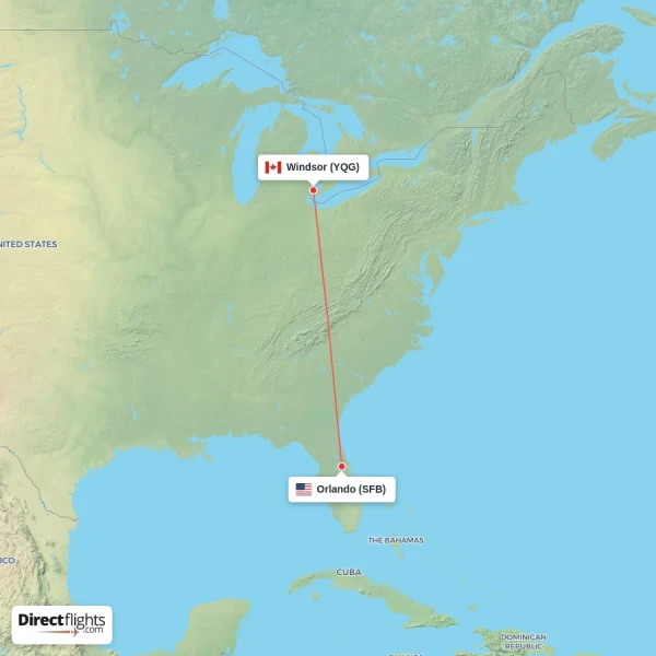 Orlando - Windsor direct flight map