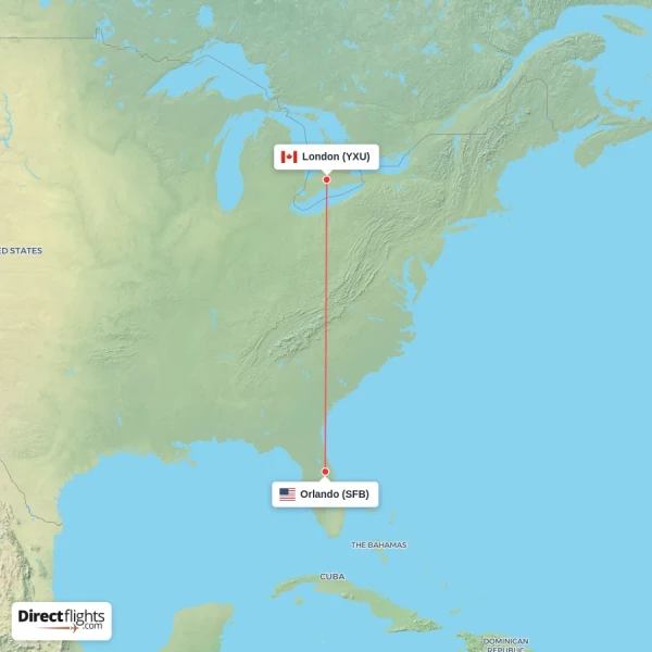 Orlando - London direct flight map