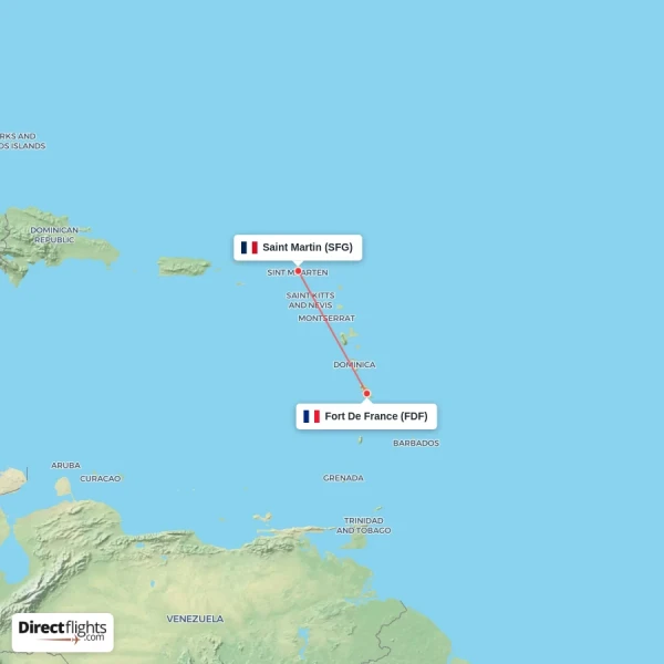 Saint Martin - Fort De France direct flight map