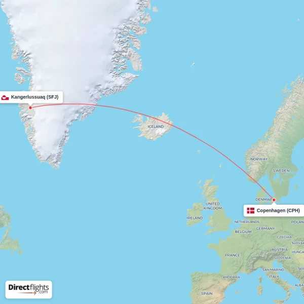Kangerlussuaq - Copenhagen direct flight map