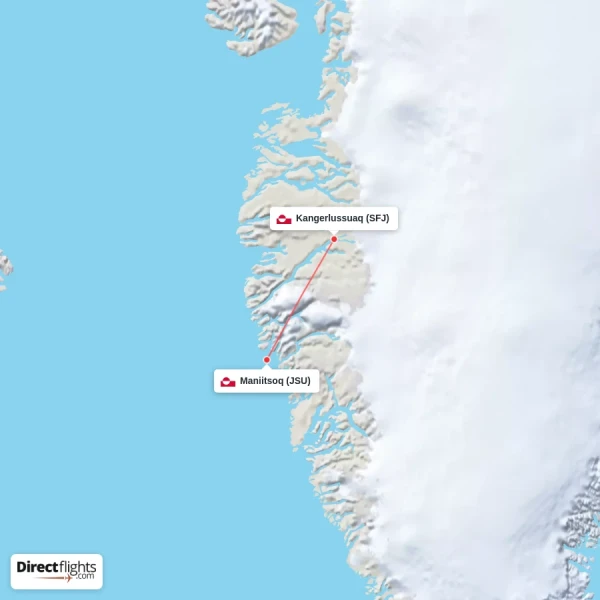 Kangerlussuaq - Maniitsoq direct flight map