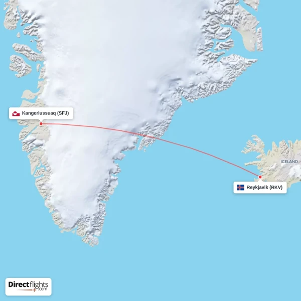 Kangerlussuaq - Reykjavik direct flight map