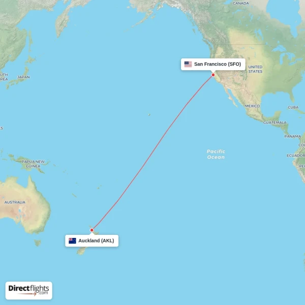 San Francisco - Auckland direct flight map