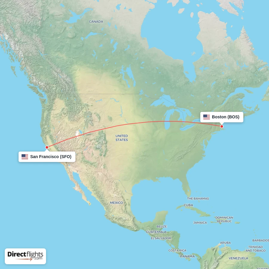 SFO - BOS route map