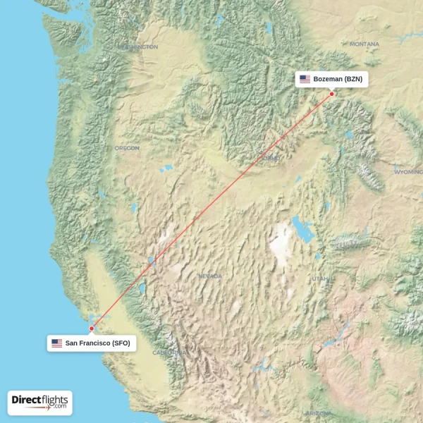 San Francisco - Bozeman direct flight map