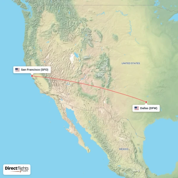 San Francisco - Dallas direct flight map
