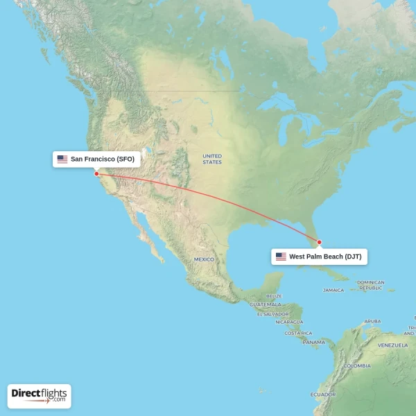 San Francisco - West Palm Beach direct flight map