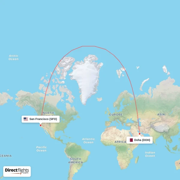 San Francisco - Doha direct flight map