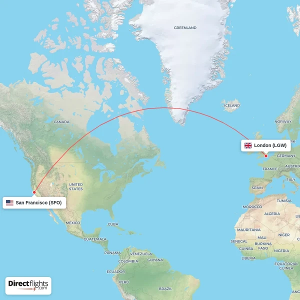 San Francisco - London direct flight map