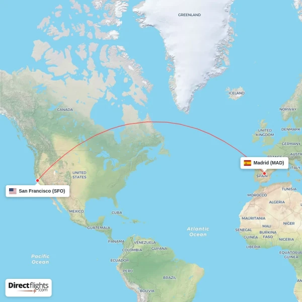 San Francisco - Madrid direct flight map