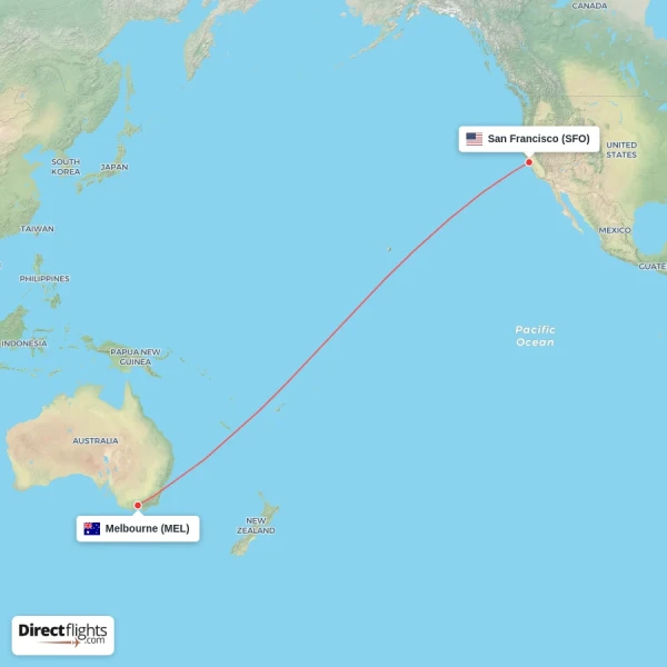 San Francisco - Melbourne direct flight map