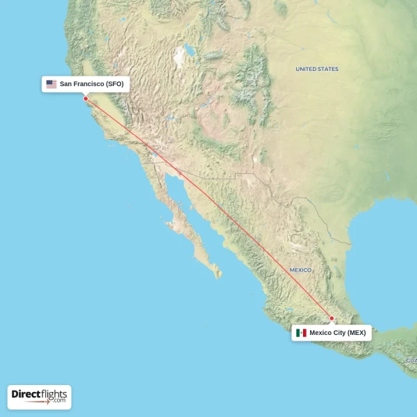 San Francisco - Mexico City direct flight map