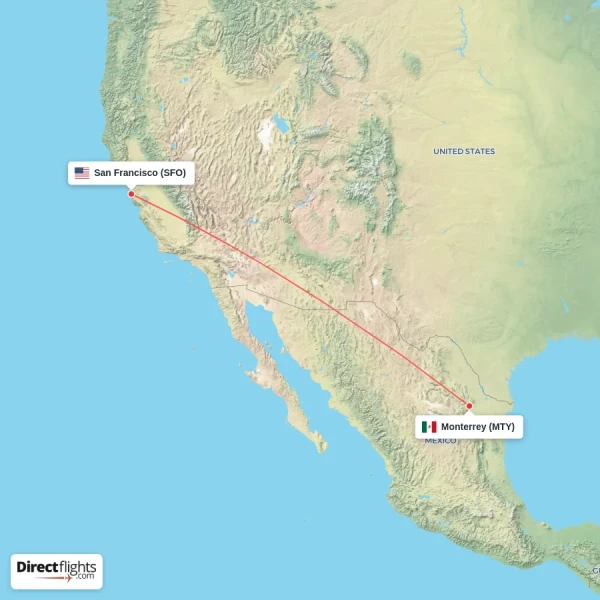 San Francisco - Monterrey direct flight map