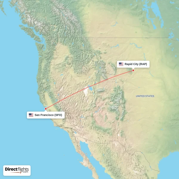 San Francisco - Rapid City direct flight map