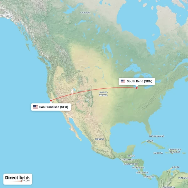 San Francisco - South Bend direct flight map