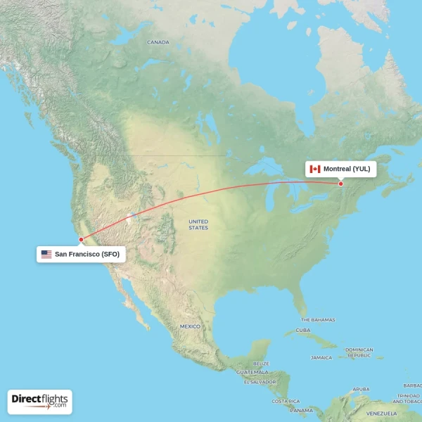 San Francisco - Montreal direct flight map