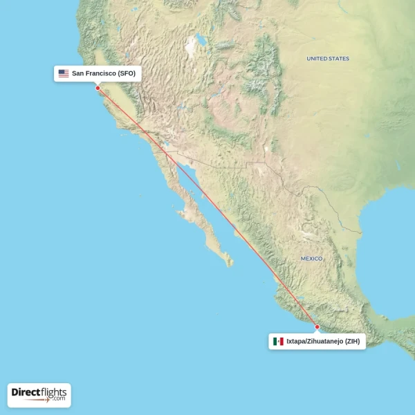 San Francisco - Ixtapa/Zihuatanejo direct flight map