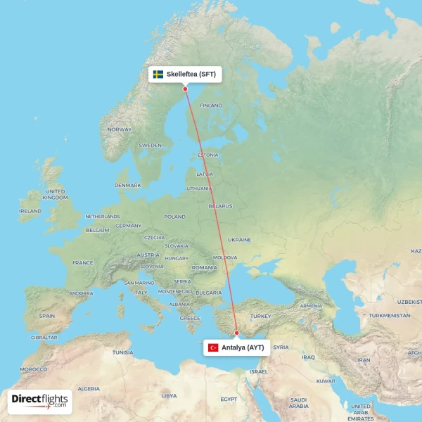 Skelleftea - Antalya direct flight map