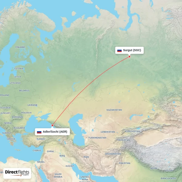 Surgut - Adler/Sochi direct flight map