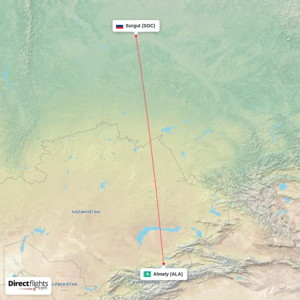Surgut - Almaty direct flight map