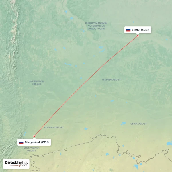 Surgut - Chelyabinsk direct flight map