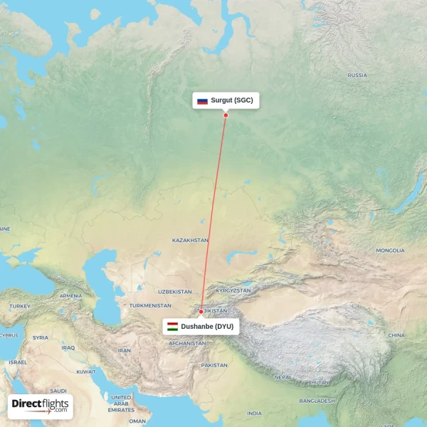 Surgut - Dushanbe direct flight map