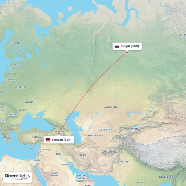 Surgut - Yerevan direct flight map