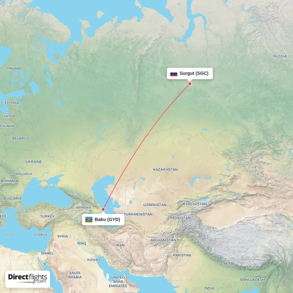 Surgut - Baku direct flight map