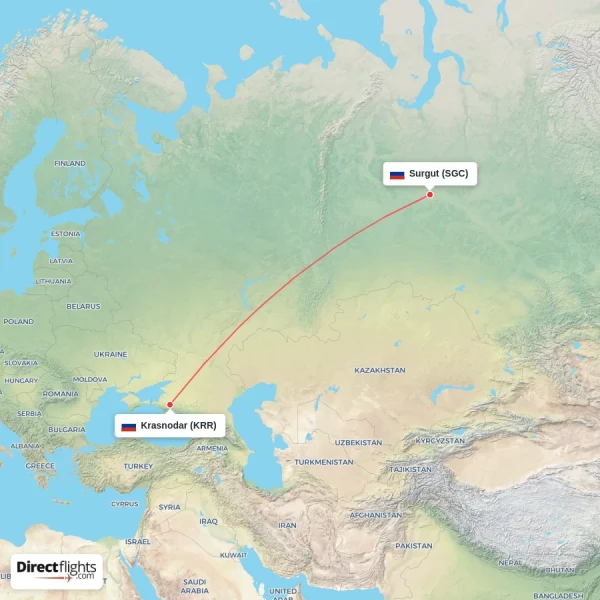 Surgut - Krasnodar direct flight map