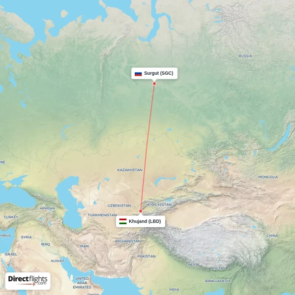 Surgut - Khujand direct flight map