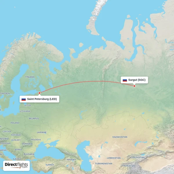 Surgut - Saint Petersburg direct flight map