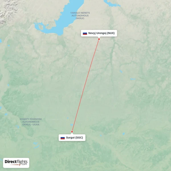 Surgut - Novyj Urengoj direct flight map