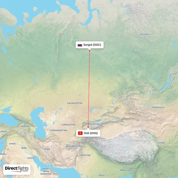 Surgut - Osh direct flight map