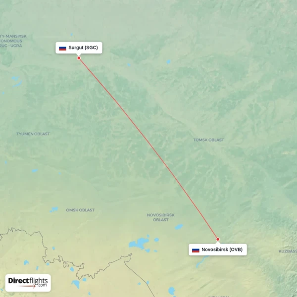 Surgut - Novosibirsk direct flight map