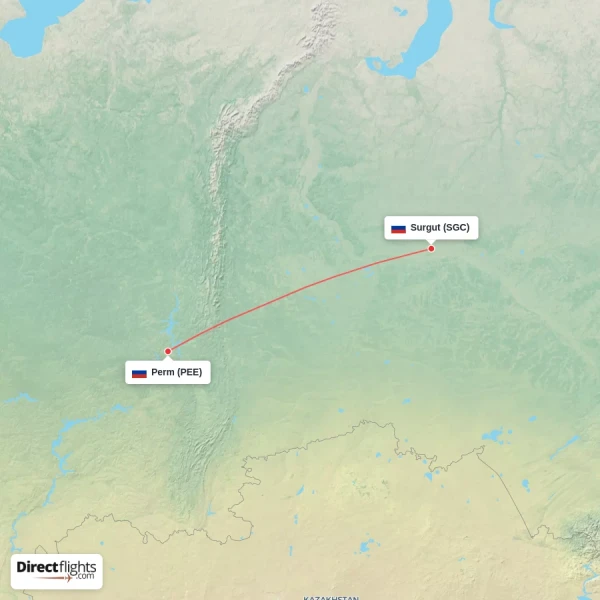 Surgut - Perm direct flight map