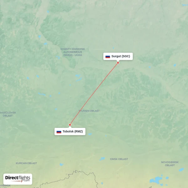 Surgut - Tobolsk direct flight map