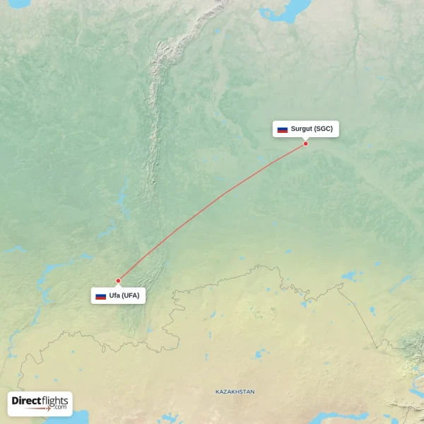Surgut - Ufa direct flight map
