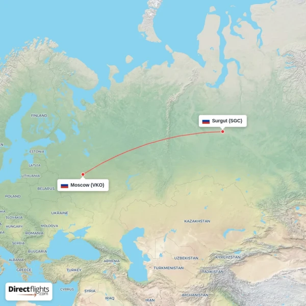 Surgut - Moscow direct flight map
