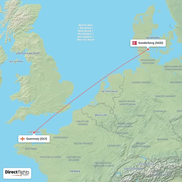 Sonderborg - Guernsey direct flight map