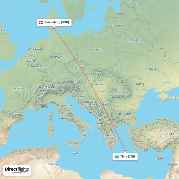 Sonderborg - Thira direct flight map