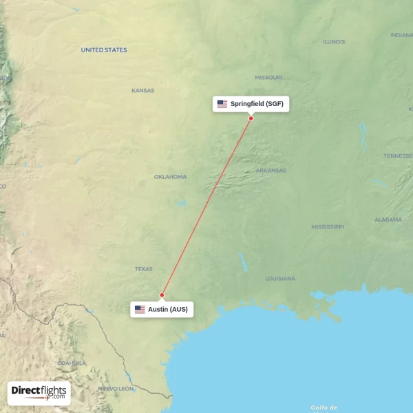 Springfield - Austin direct flight map
