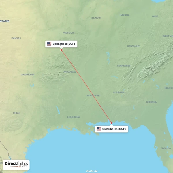 Springfield - Gulf Shores direct flight map