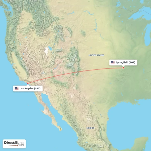 Springfield - Los Angeles direct flight map